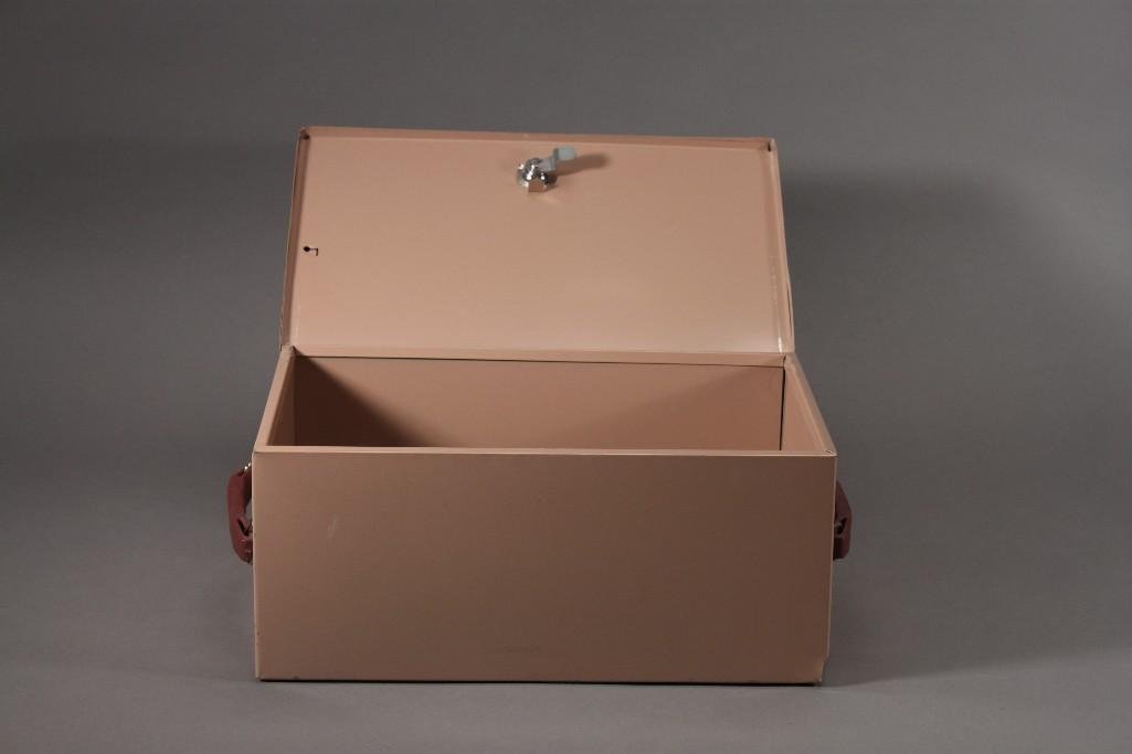 Metal Lock Box: Made in Taiwan, key not included, 5.5''x14''x9.5''. Shows signs of use and wear.