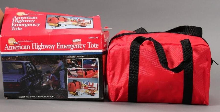 American Highway Emergency Tote & Air Inflator: 9 piece kit that includes battery booster cables, first aid kit, tie down strap, and more, both are new in box 