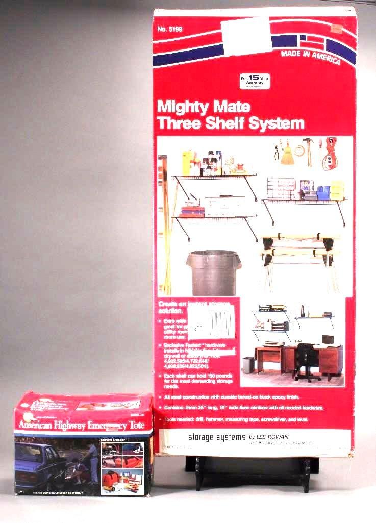 American Highway Emergency Tote and Mighty Mate Three: Emergency tote is a 9 piece kit that includes a tie down strap battery booster cables, first aid kit and more, the mighty mate three shelf system contain three 36" long 16" wide linen shelve