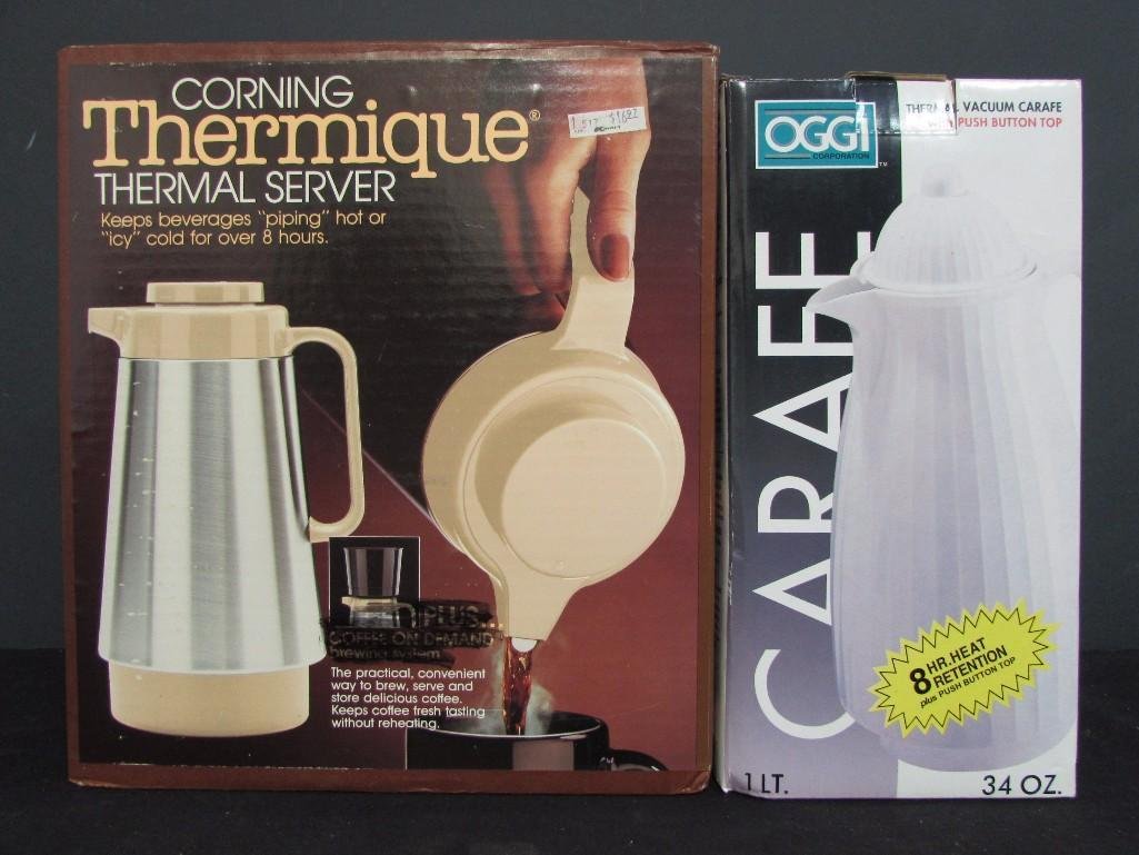 Kitchenware (2): Oggi Thermal Vacuum Carafe 34 Oz. and a Corning thermique thermal server, both are NIB 
