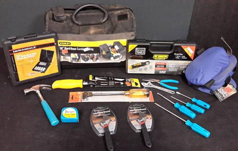 Tool Bag with Contents: 16" hardbase bag includes Bit Shooter Master 24 screwdrivers in 1, Durabuilt 12 piece 3/8 drive deep well socket set, screwdriver, wrench, and more 