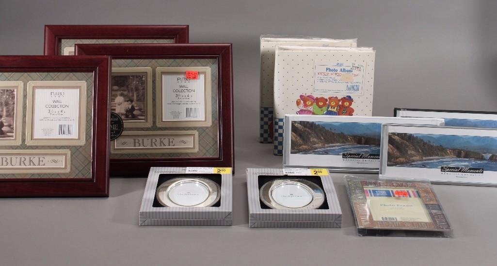 Photo Albums and Picture Frames: Two 3x5''silver plated oval frames, two 3.5x5'' photo albums, three Furio Home wood framed picture collage frames, and more. All items are new.