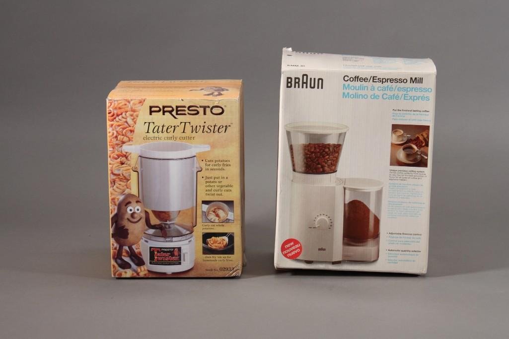 Tater Twister and Coffee Mill: Presto Tater Twister electric curly cutter and a Braun Coffee/Espresso mill. Both items are new in original packaging.