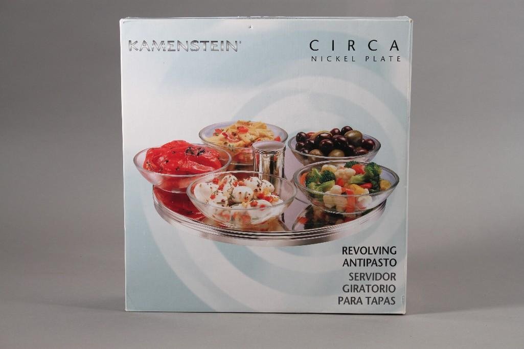 Revolving Nickel Plate: Kamenstein Circa nickel plate new in box. 13'' diameter base. Cradles five 5'' diameter glass bowls. 