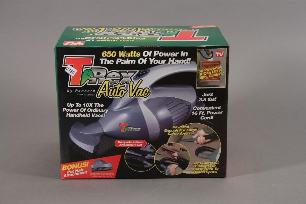T-Rex Auto Vac: As seen on TV, Bonus pet hair attachment. New in original packaging, just 2.8lbs, 650 watts.