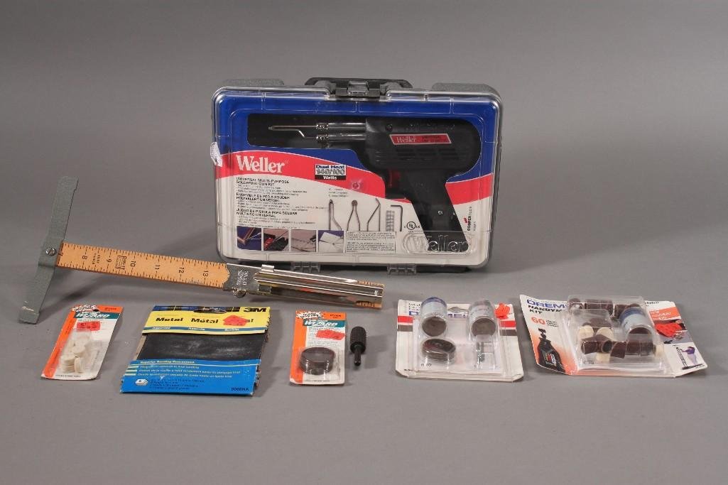 Tools: Weller universal solidering gun dual heat 140/100 watts, metal sanding paper, heavy duty cut off wheel, handyman kit, and more.