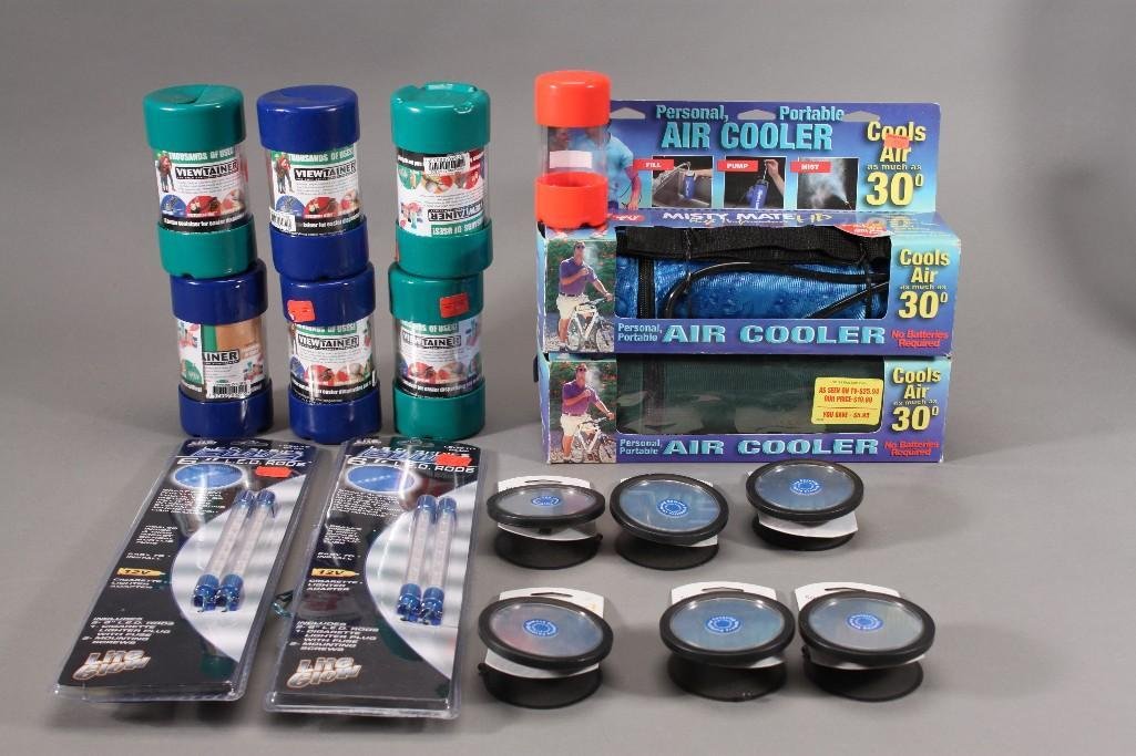 Household Items: Six SuctionWorks mirror, seven View Trainer the only spill proof container, two lite glow LED series 6" LED rods and two Misty Mate HD high pereformance personal portable air cooler.