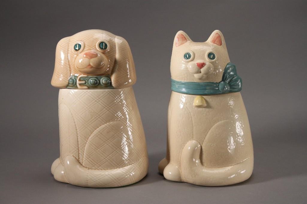 Vintage Poppytrail Cookie Jars (2): Vintage Poppytrail Calico Cat and Dog Cookie Jar, Metlox Pottery Ceramic, California USA. Good condition.