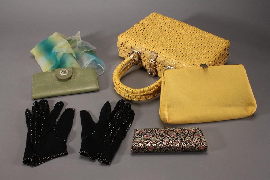 Ladies Accessories (6): Yellow Ganson of California purse Made in Hong Kong, pair of black untagged women gloves, green Rolfs leather wallet, scarf and more.