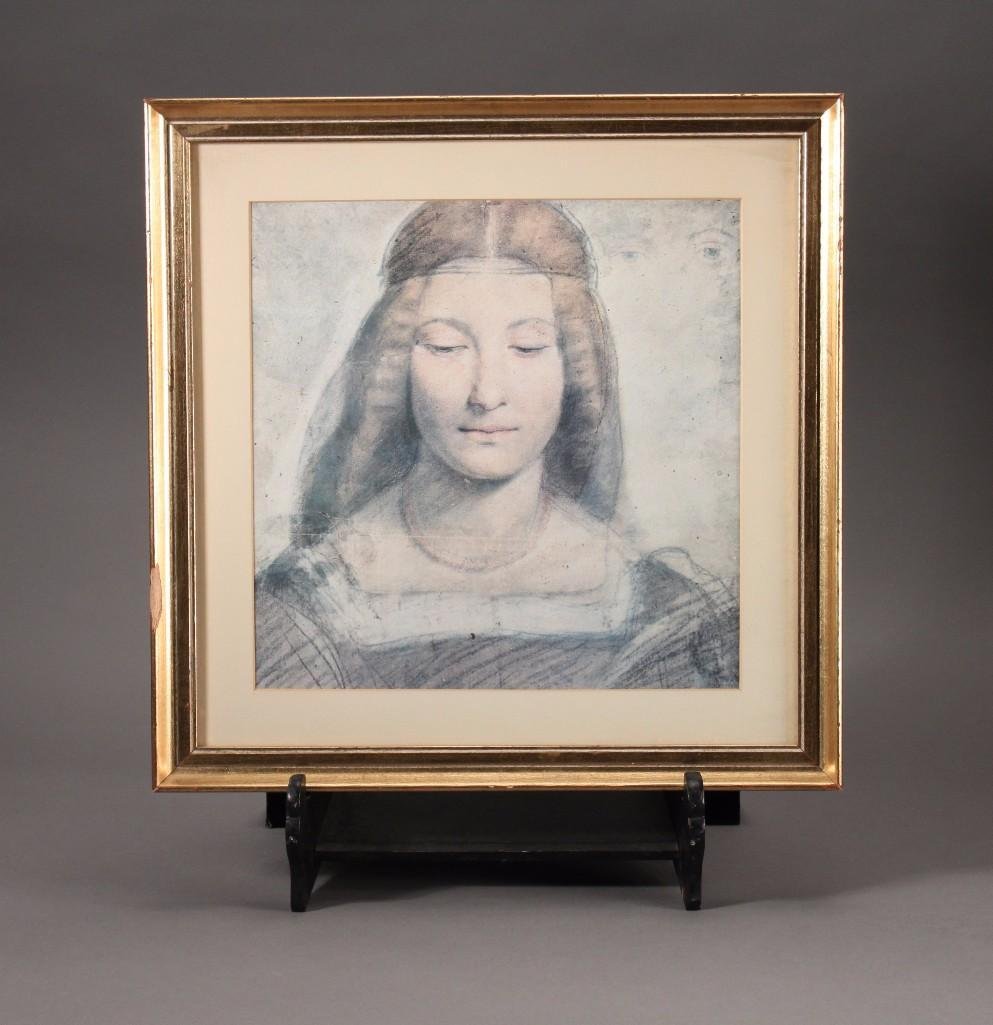 Giovanni Antonio Boltraffio Framed Print: Sticker label on back reads Giovanni Antonio Boltraffio (1467-1516) Isabel of Aragon Ambrosiana Gallery, Milan, with gold tone frame measures 16" x 16" (frame has chip)