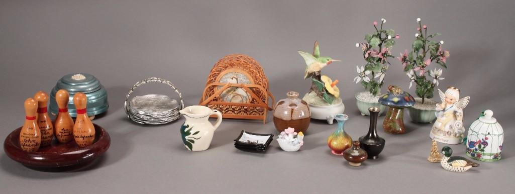 Knick Knacks (26): Large lot includes hand wrought metal coasters by Rodney Kent, hummingbird music box, miniature vases, made in Japan shaker, figurines and more.
