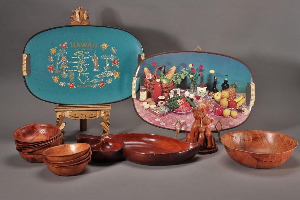 Wood Kitchenware (15): Wood salad set with large bowl and 10 salad bowls, 2 vintage serving trays, divided serving dish, and carved cats figurine.