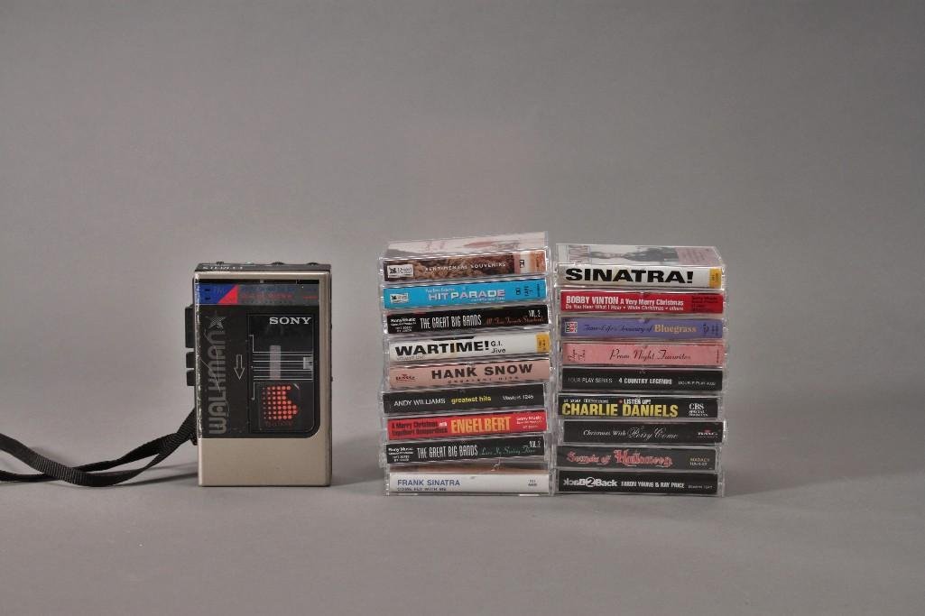 Sony Cassette Player with Cassettes (19): Sony Walkman cassette player and am/fm radio WM-F8, cassette artists include Andy Williams, Frank Sinatra, Charlie Daniels, The Great Big Bands, Bobby Vinton and more.