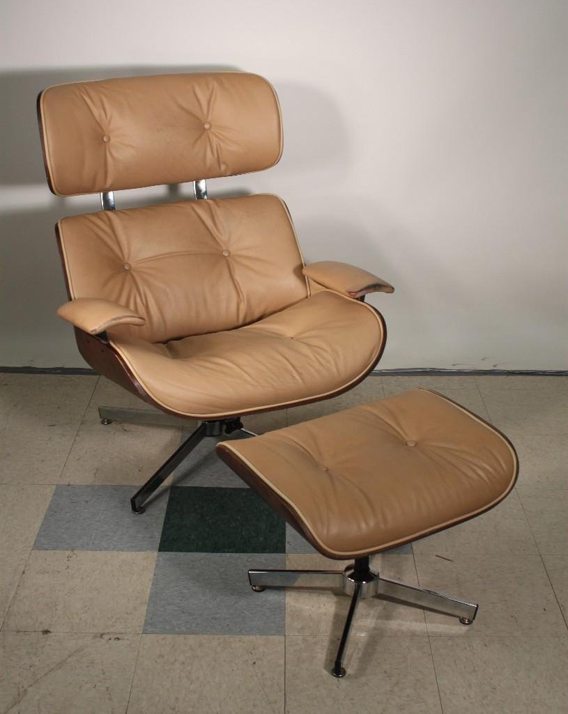 Mid Century Plycraft Chair with Ottoman: Adjustable height, wood frame with vinyl/leather? upholstery and metal base. Chair measures 32" wide, 37.5" tall, 22" deep. Ottoman measures 21" wide, 16.5" tall, 17"