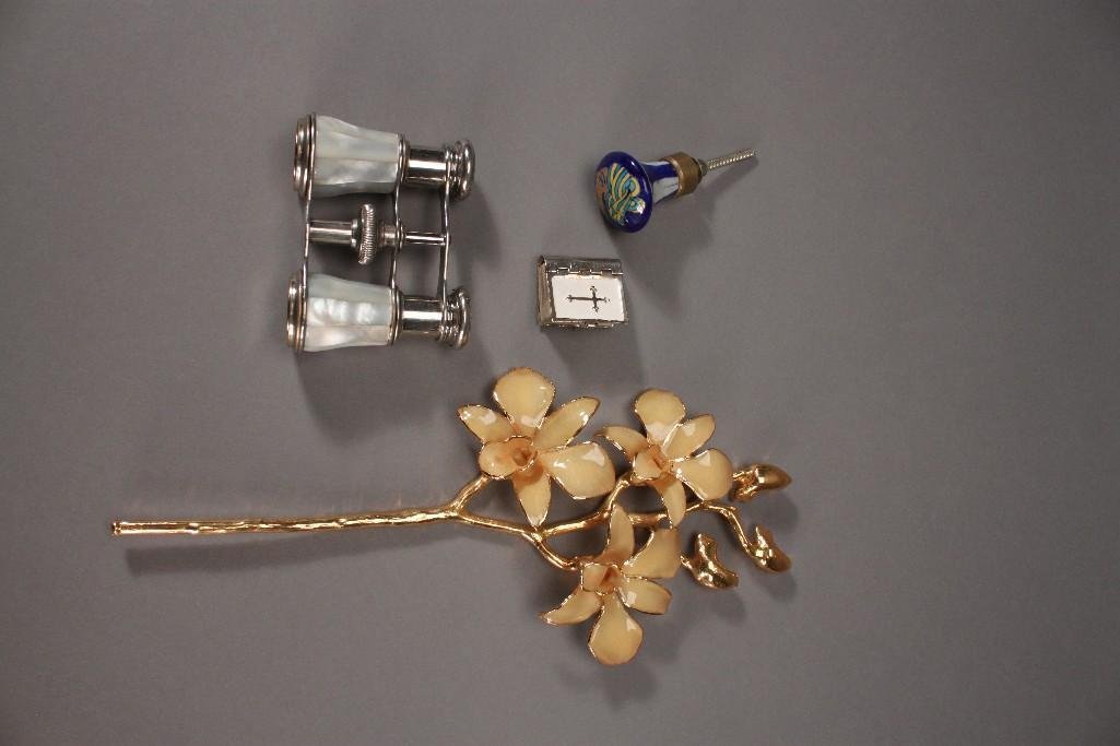 Miniature Bible, Opera Glasses, and Decorative Items: Miniature bible has metal cover and measures 1.5''x1.25'', Opera glasses marked La Ville Paris, decorative items include drawer pull and resin orchids.