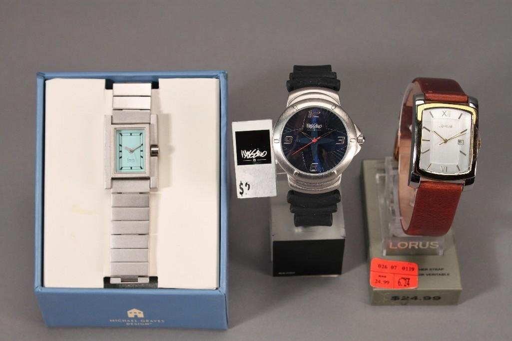Men's Wrist Watches (3): Michael Graves watch, Mossimo watch, and a Lorus watch. All items are new in original packaging,