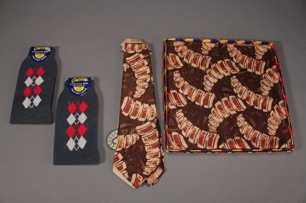 Vintage Men's Tie, Handkerchief, and Socks: Vintage silk tie and matching handkerchief and two pair of vintage argyle design stretch socks.