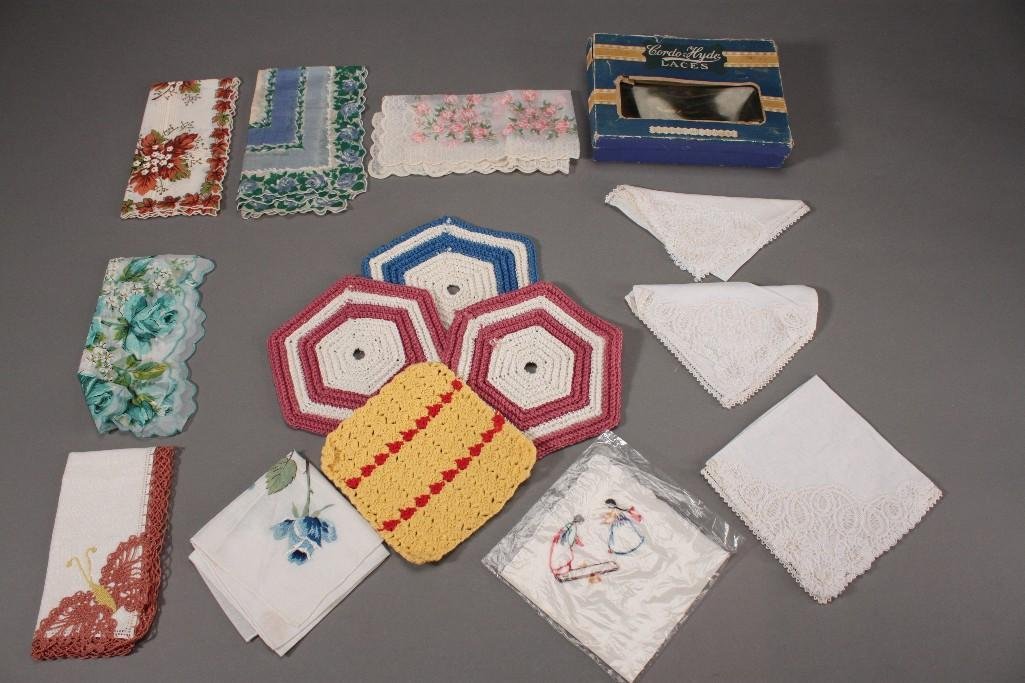 Handkerchiefs, Leather Laces, and Pot Holders: Vintage handkerchiefs, crocheted pot holders, and a box of Cordo-Hyde lace shoe laces.