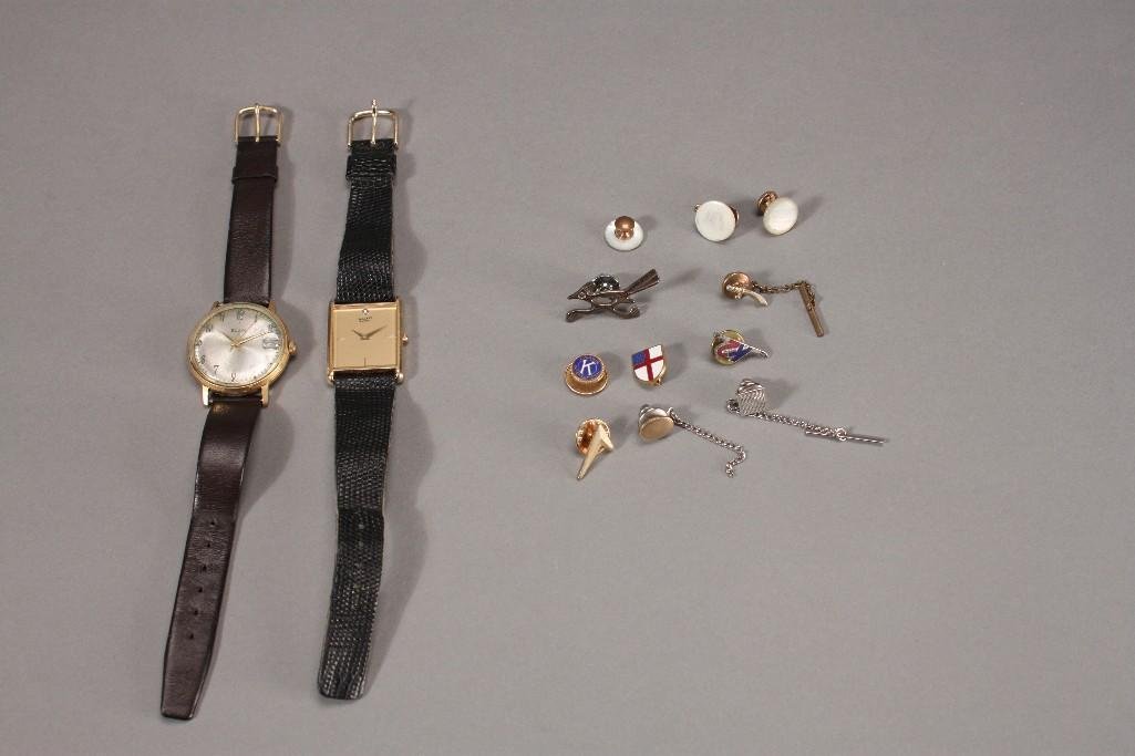 Men's Watches and Lapel Pins (13): Elgin watch, Seiko Quartz watch, Lapel pins, and cuff links.