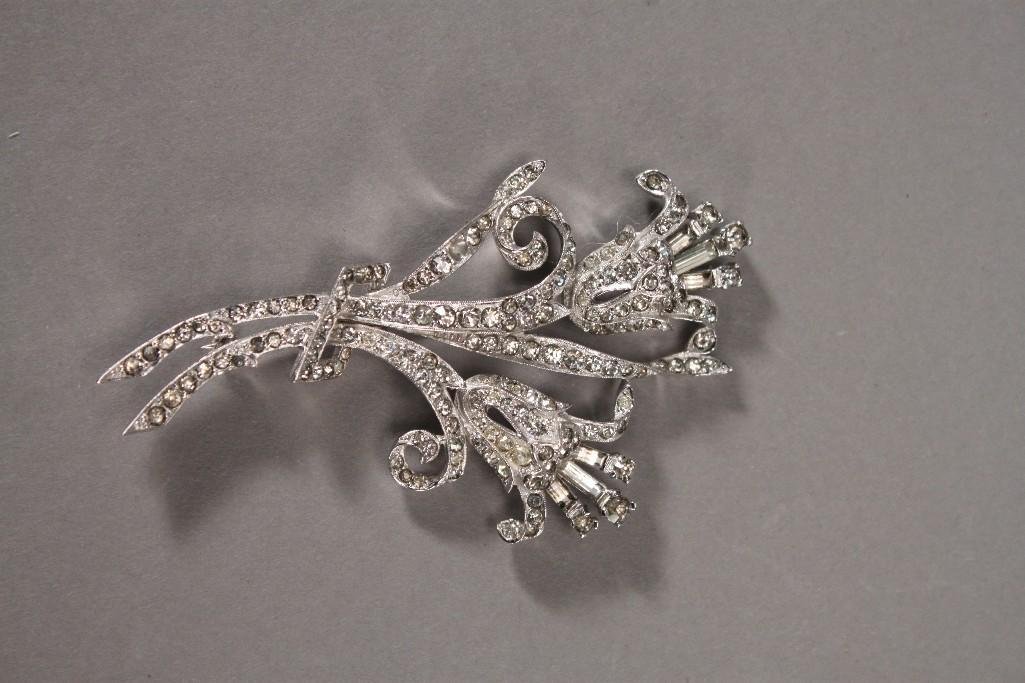 Mazer Floral Rhinestone Brooch: Missing three rhinestones, otherwise in good condition, 3'' long, 