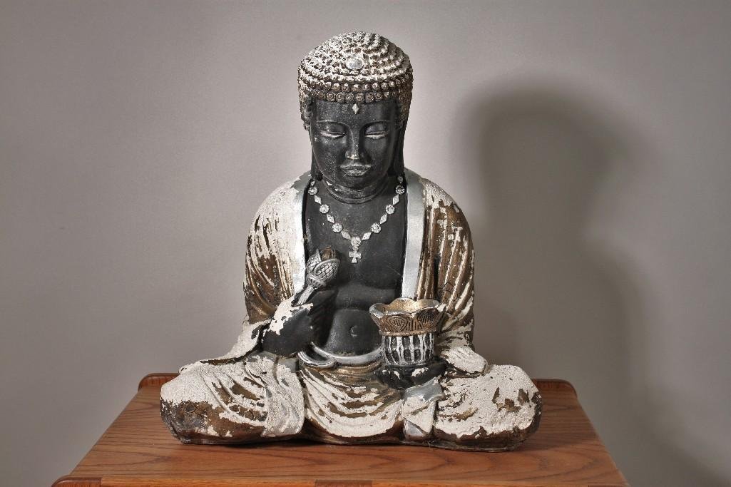 Hollow Plaster Buddha: Shows wear, 18'' tall. Paint is chipping.