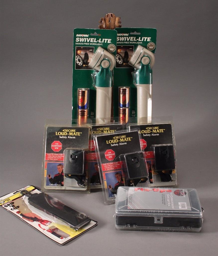 Secure Loud-Mate Safety Alarms & RayoVac Swivel Lights: Four Secure loud-mate safety alarms, two hands-free RayoVac swivel lights recorder no. SL2D-B, Nite Ize grip 'n clip flashlight and 16 compartment storage box with convenient carrying handle and 
