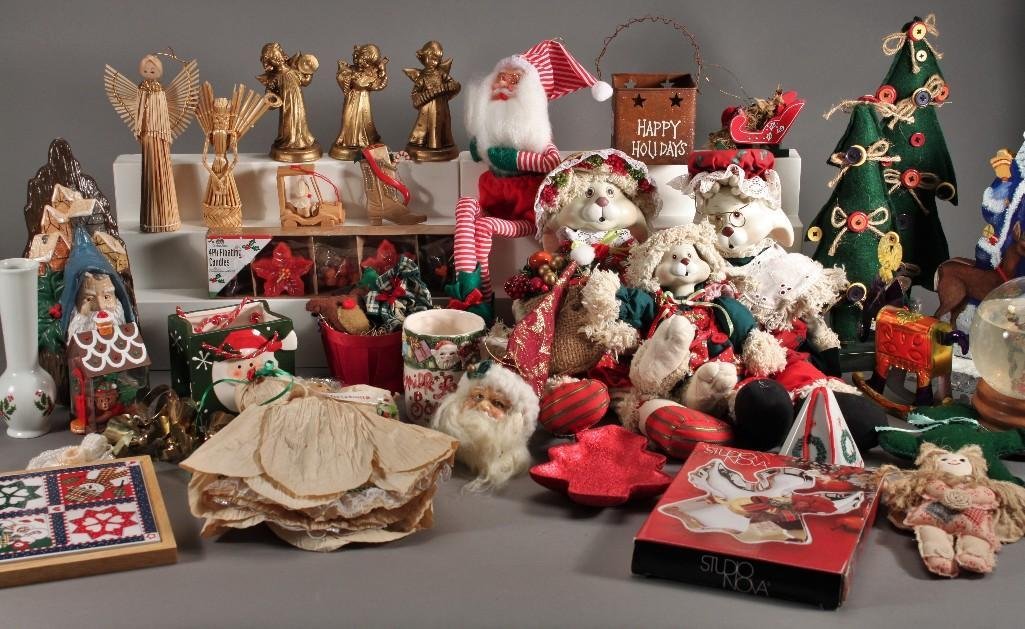Christmas Decor: Large lot includes Santa elf, snow globe, electric candles, candles napkin holders, and more 