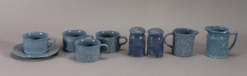 Mikasa dishware (9): 4 cups, 1 saucer, 1 creamer, and the pattern is Country Blue. Also includes salt and pepper shaker marked Taiwan action and an unmarked creamer.