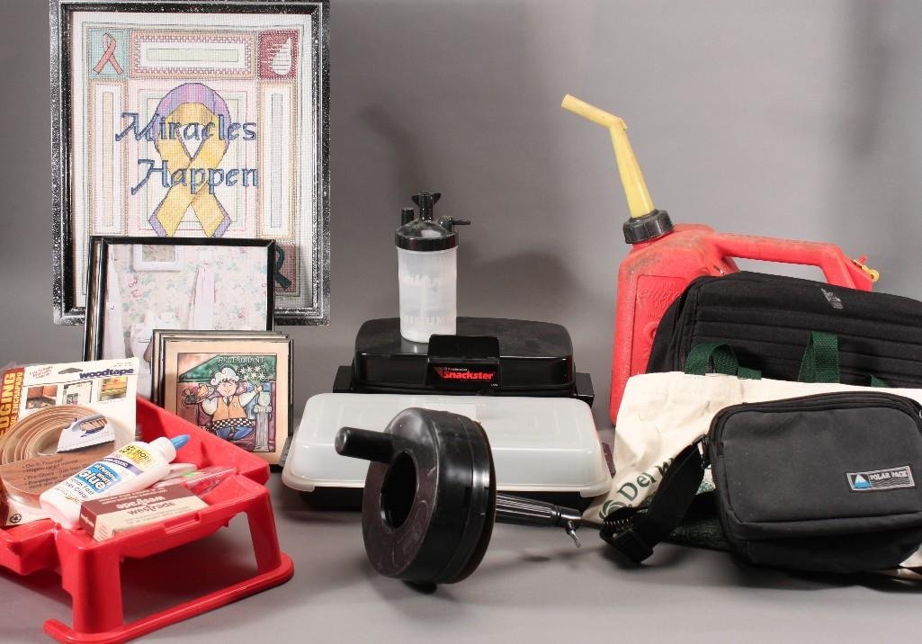 Home Items and Decor: 25.gal Gas can, flashlight, plastic drum auger, Toastmaster snackster, carrying cases, steaming heating tray, and more.