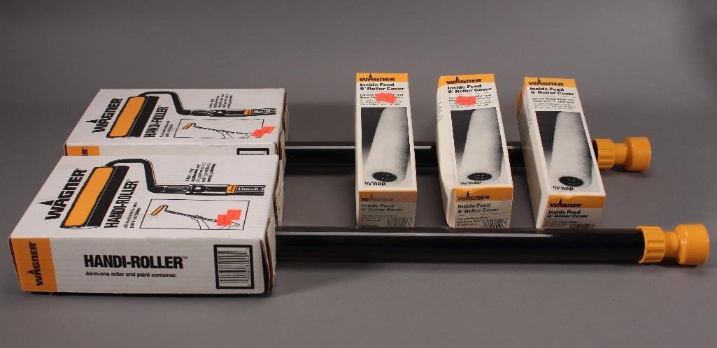 Handi Paint Rollers and Roller Covers (5): Two Wagner all in one paint rollers and paint containers and three Wagner inside feed 9'' roller covers. All items are new in original packaging.