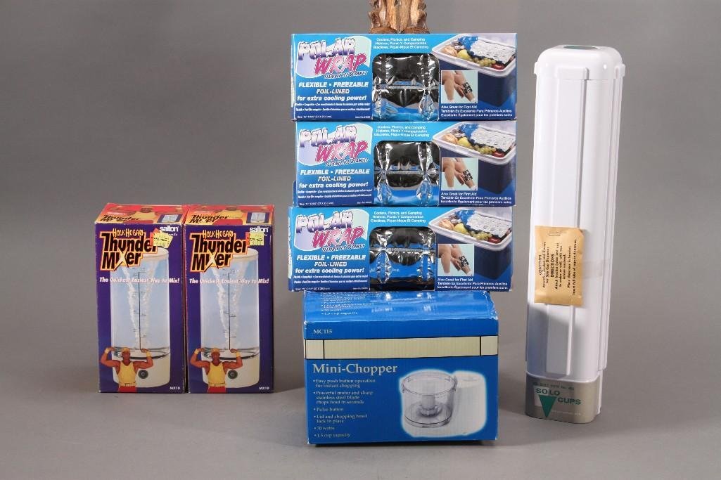 Kitchenware (7): two Hulk Hogan Thunder mixers, Solo cup dispenser, three foil lined flexible ice blankets, and a mini chopper. All items are new in original packaging.