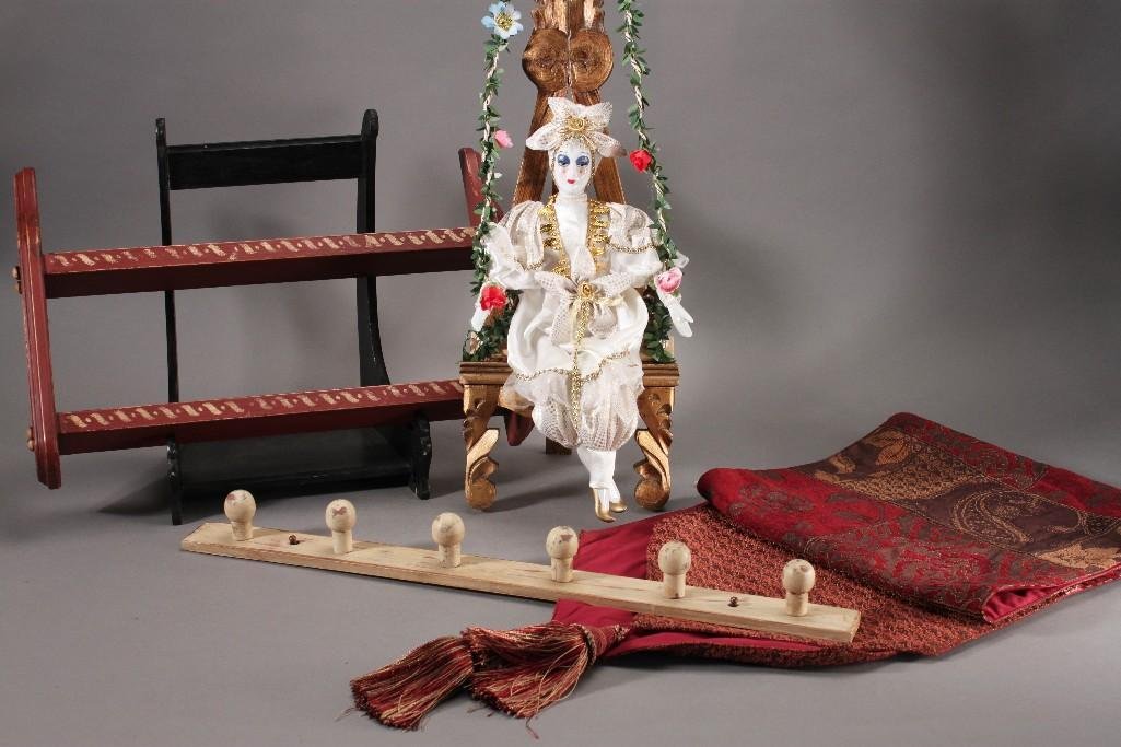 Home Decor (4): Porcelain clown doll on swing 25'', 2 tiered wooden wall display, 23.5'' wooden wall coat rack, and more.