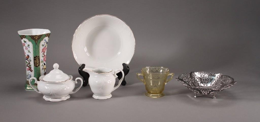Vintage Dishware (6): 8'' Asian style vase marked Kaiser Scenes From An Oriental Garden, edition 2500, good condition, Gibson cream and sugar and bowl, 1930's love lace silver company candy bowl, and more.