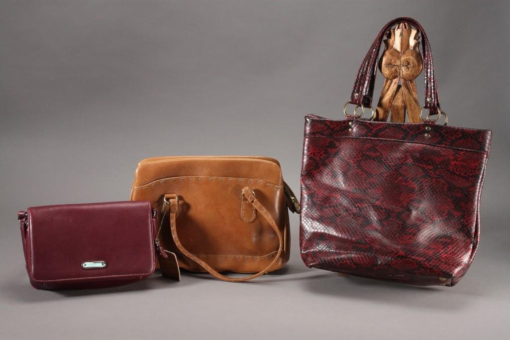 Vintage Women Handbags (3): Burgundy cross body bag 9x3'', a brown leather Ganson bag 12x9'', and a snake skin like bag. 