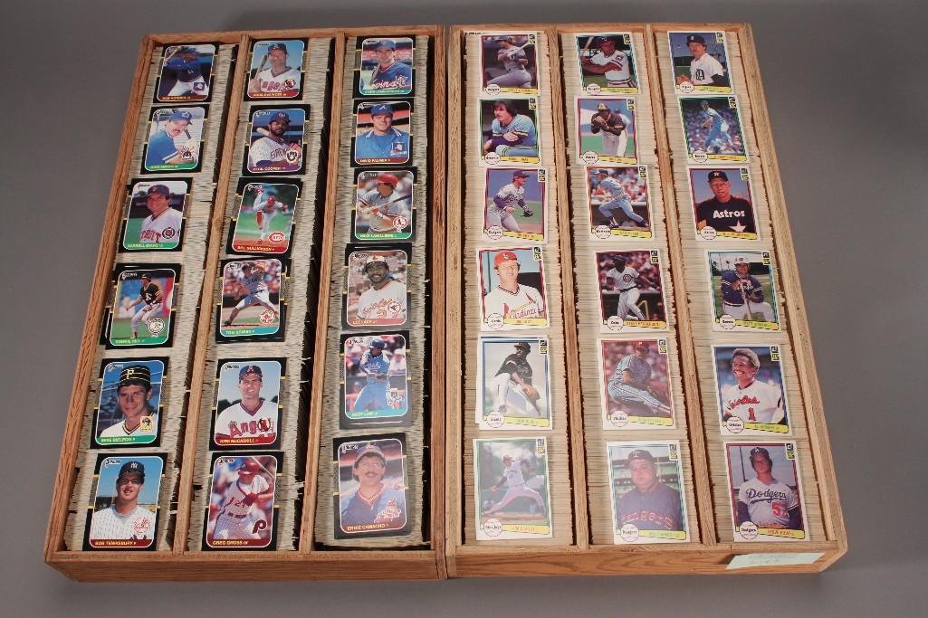 Vintage Baseball Cards: Joe Sambito, Dave Bergman, Greg Gross, Ernie Camacho, Mickey Tettleton, and more. Includes wood divided crates. Good condition.