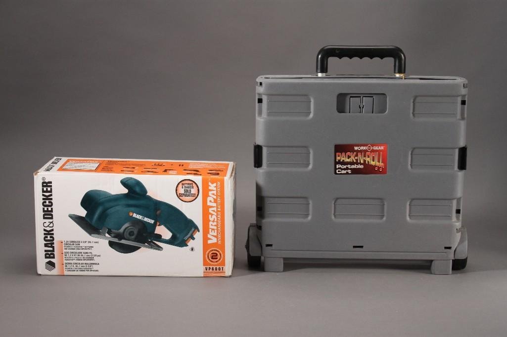 Black & Decker Cordless Circular Saw and Portable Cart: Work Gear Pack-N-Roll portable cart and Black & Decker 7.2V cordless 3 3/8'' circular saw. Both items are new in original packaging.