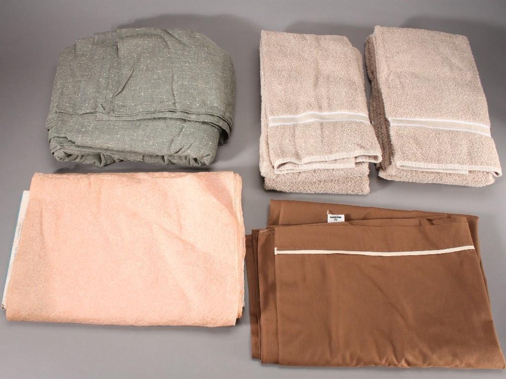 Linens: Twin size brown sheet, (4) bathroom towels, and vintage fabric