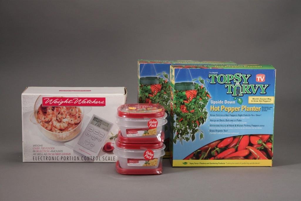 Kitchenware (5): Two 2 pack of Rubbermaid 1.25 cup tupperware, Weight Watchers portion control scale, two Topsy upside down hot pepper planters. All items are new in original packaging.