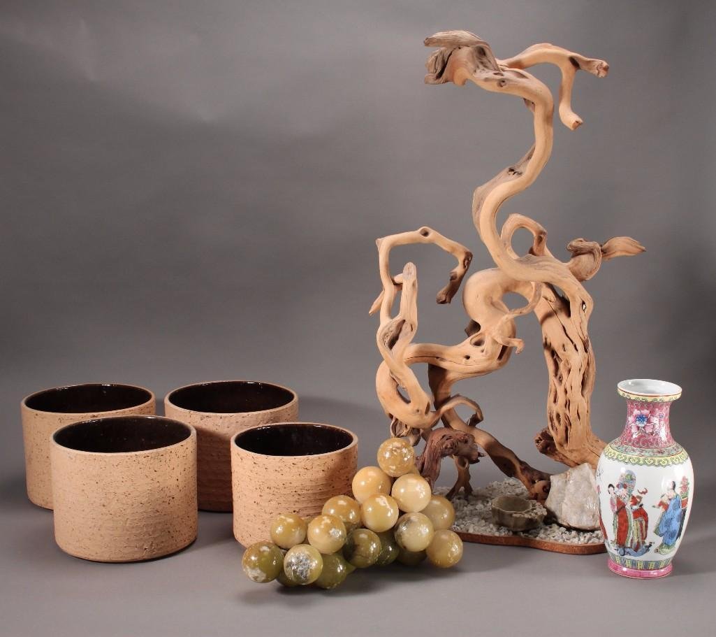 Home Decor (6): Asian style vase 10'' tall with Asian stamp in good condition, 28'' tall driftwood and rock statue, grape stone center piece, and more.
