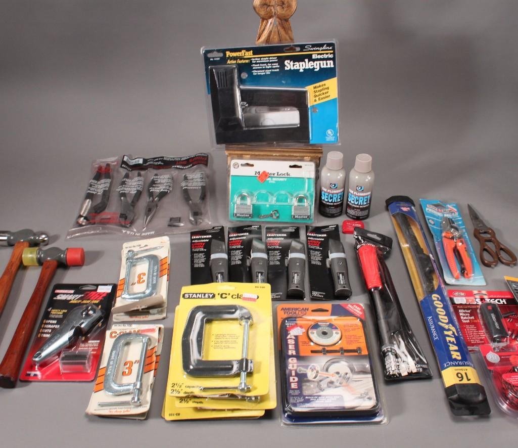 Tools: Drain openers, electric staple gun, hammers, c clamps, utility knife, Good Year wiper blades, scissors, and much more.