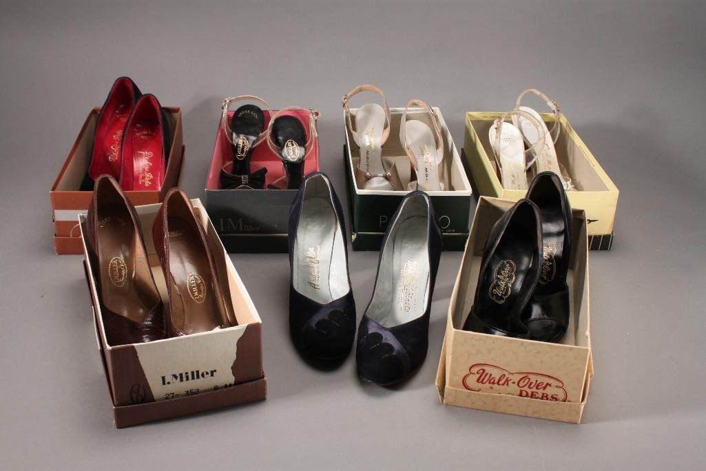 Vintage Women's Heels (7 Pair): Walk Over black heels size 6.5, Imiller heels with bow size 7.5, Andrew Geller heels size 7.5, and more.