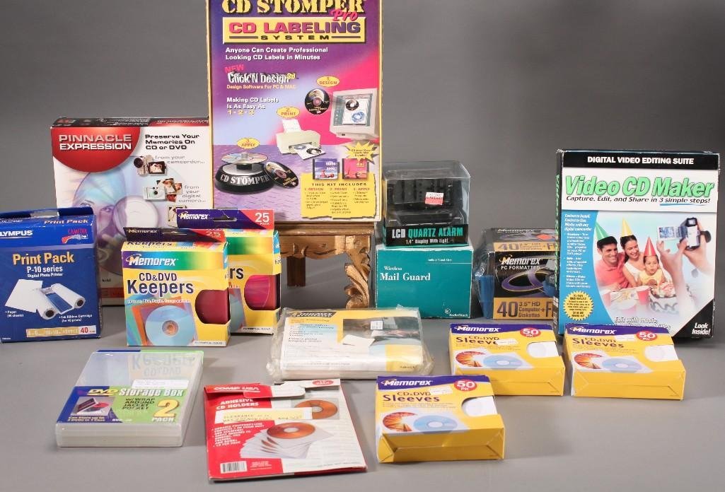 Office Supplies: Print pack P-10 series digital photo paper, Memorex CD/DVD keepers, CD labeling system, Quartz alarm, and more.