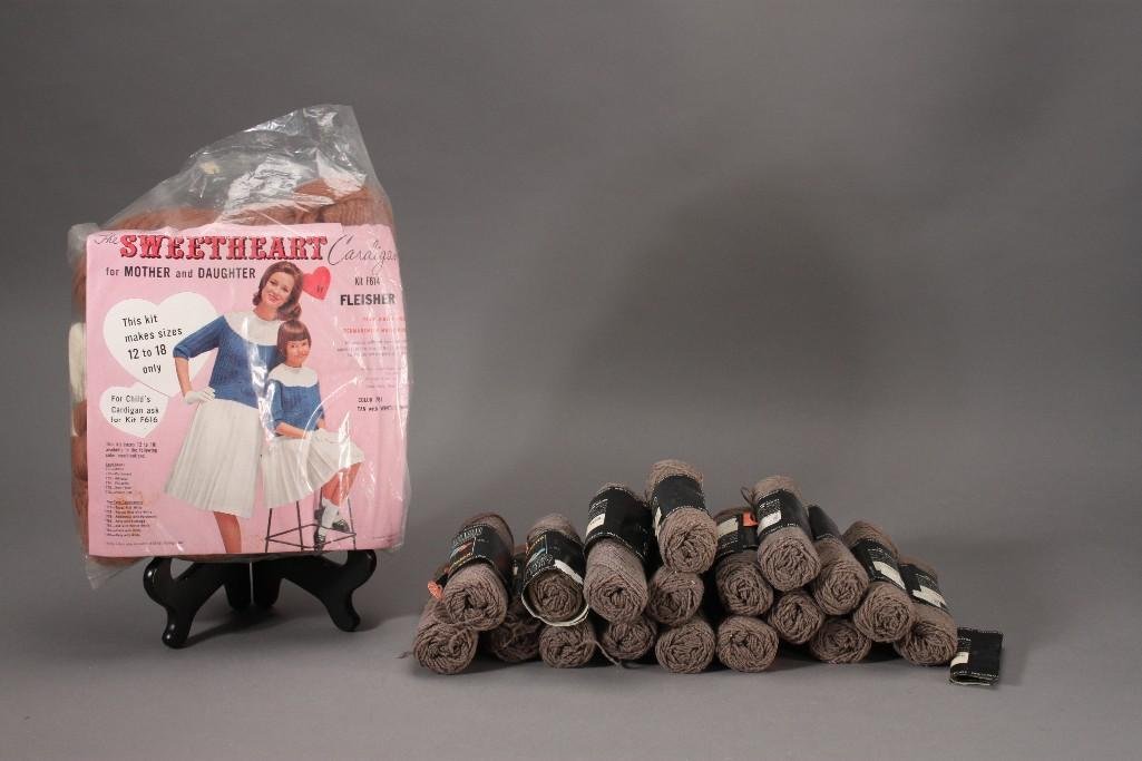 Vintage Yarn: The Sweetheart Cardigan for mother and daughter kit F614 and a box of Nomotta 1oz rolls of yarn, 