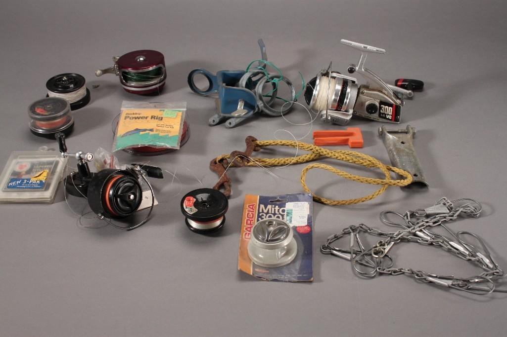 Fishing Supplies: Berkley power rig, HeliconGear Olympic fishing reel marked 300 LG V0, Kerplunk test 27 100 yds lead core, and more.
