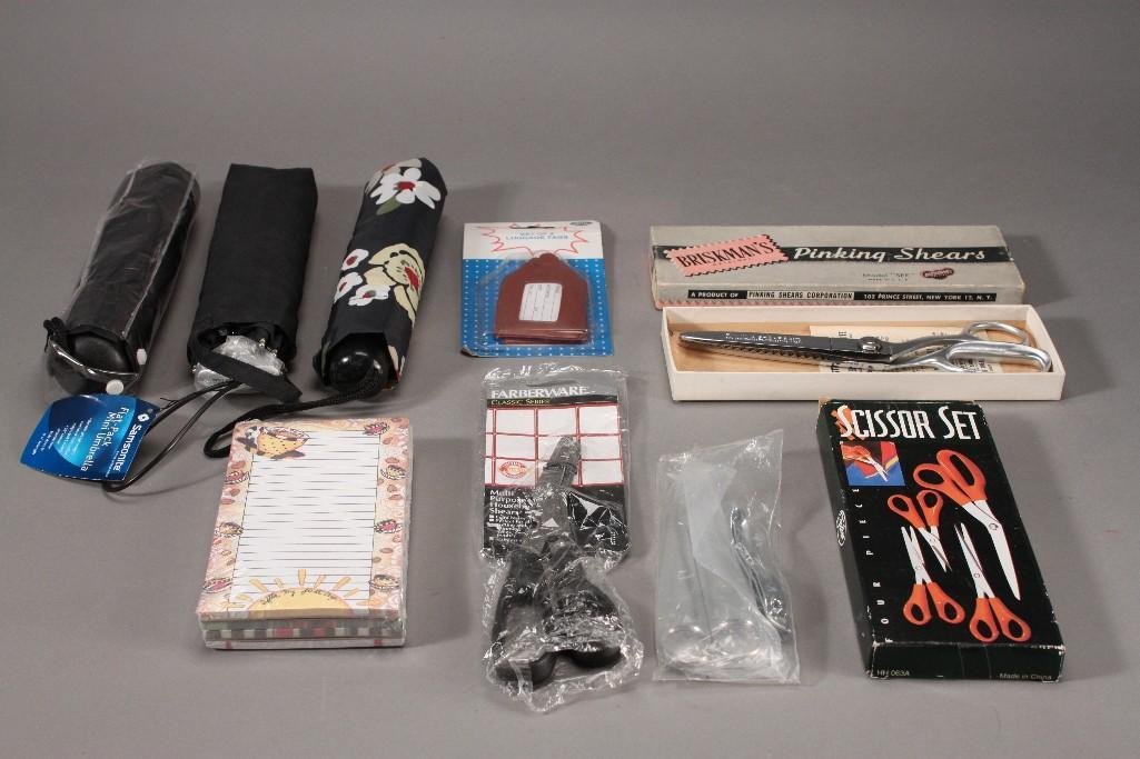 Umbrellas and Scissors (9): 3 travel size umbrellas, 4 sets of scissors, luggage tags and more.