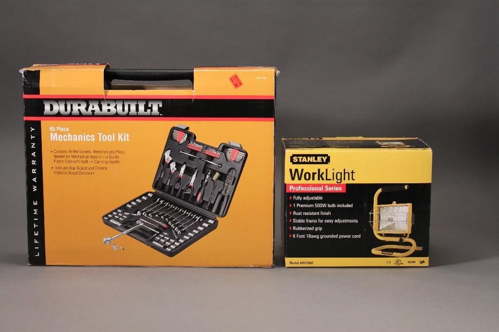 Mechanics Tool Set and Work Light (2): Durabuilt 95 piece mechanics tool kit and Stanley profession series work light. Both in original packaging.