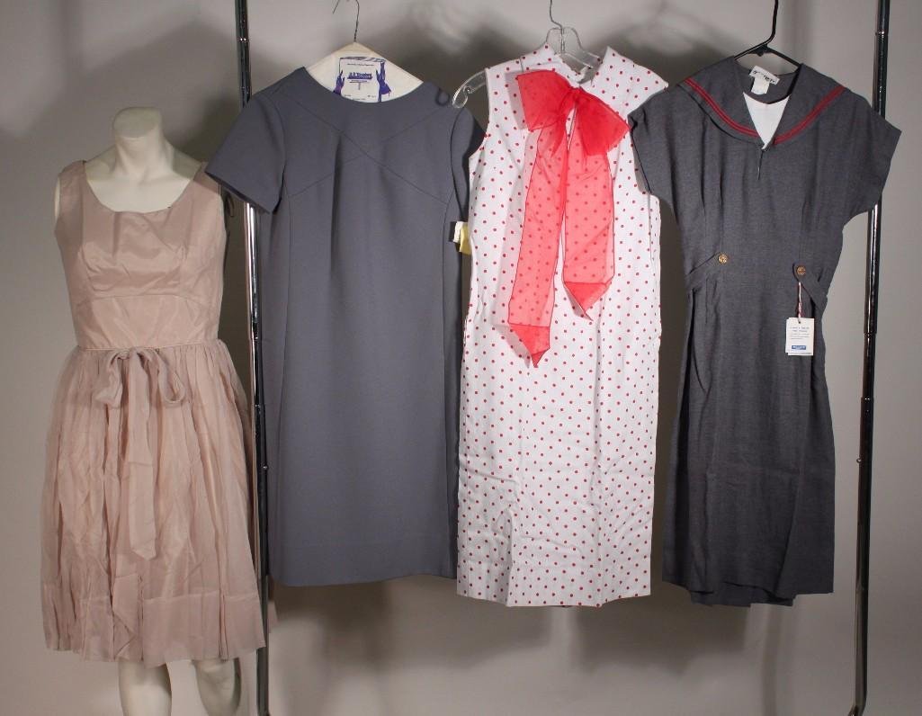 Ladies Vintage Dresses (4): Bonnie Blair ladies dress size 10 (NWT), cream color dress size 12, Saucy Sue red polka dot dress size 14, and more