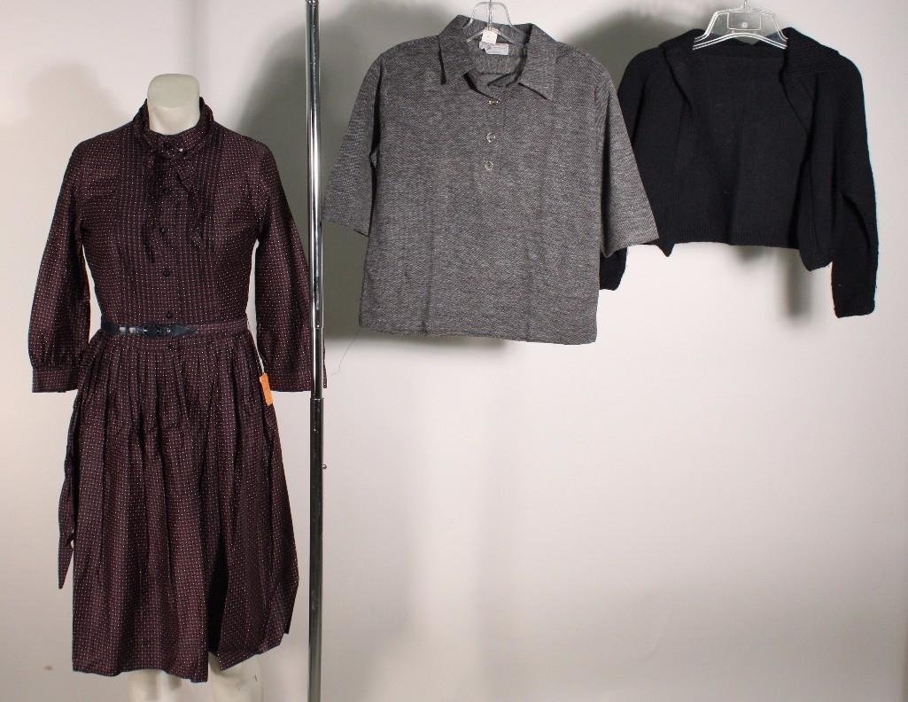 Vintage Women Clothing (3): Koret of California top with silver buttons size M, good condition, black knit half sweater size and designer not listed, and a Miss Jrs dress with belt size 11, NWT.