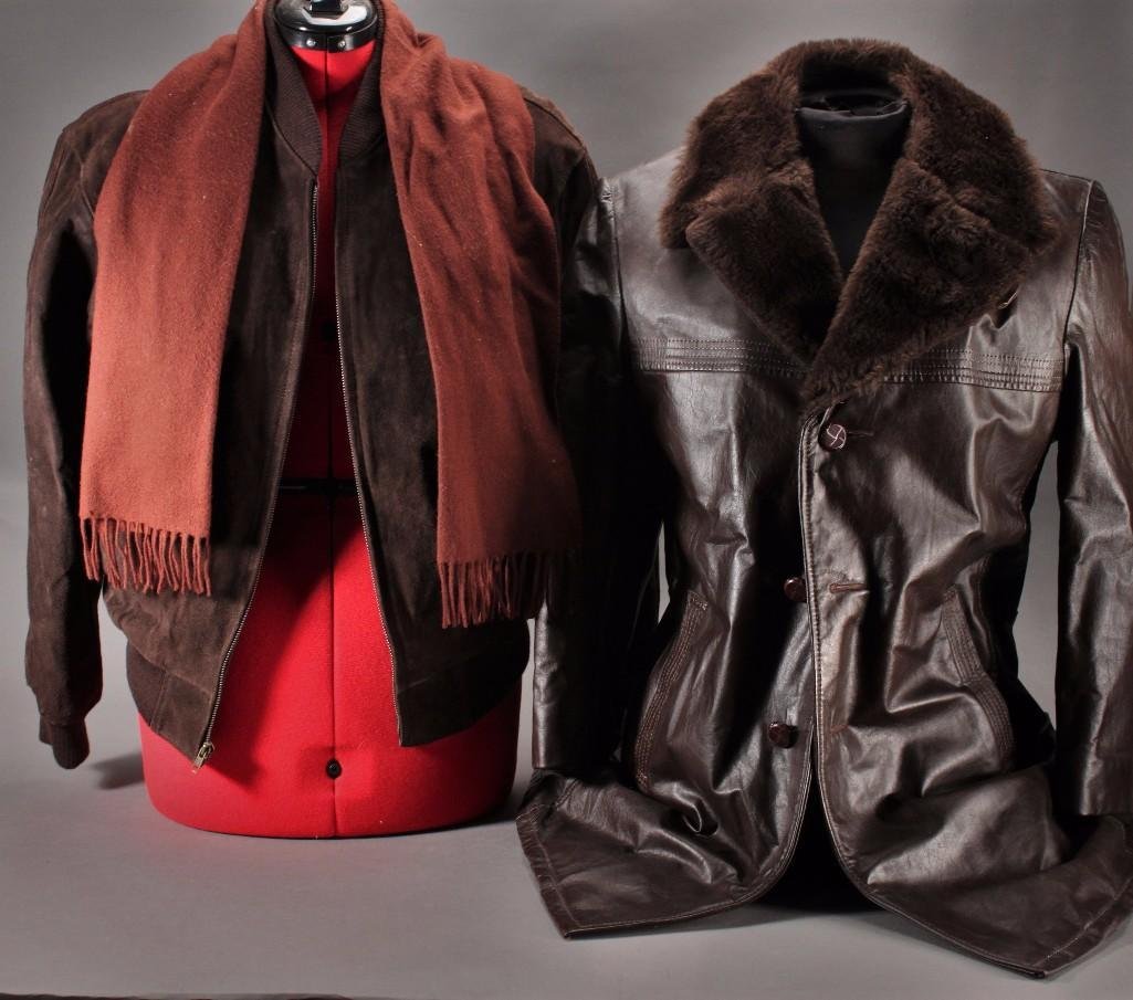 Men's Leather and Suede Vintage Jackets (2): Robert Lewis Leather button up jacket size 40, good condition, lined with faux fur, suede David Taylor jacket size M, shows wear, and a brown scarf.