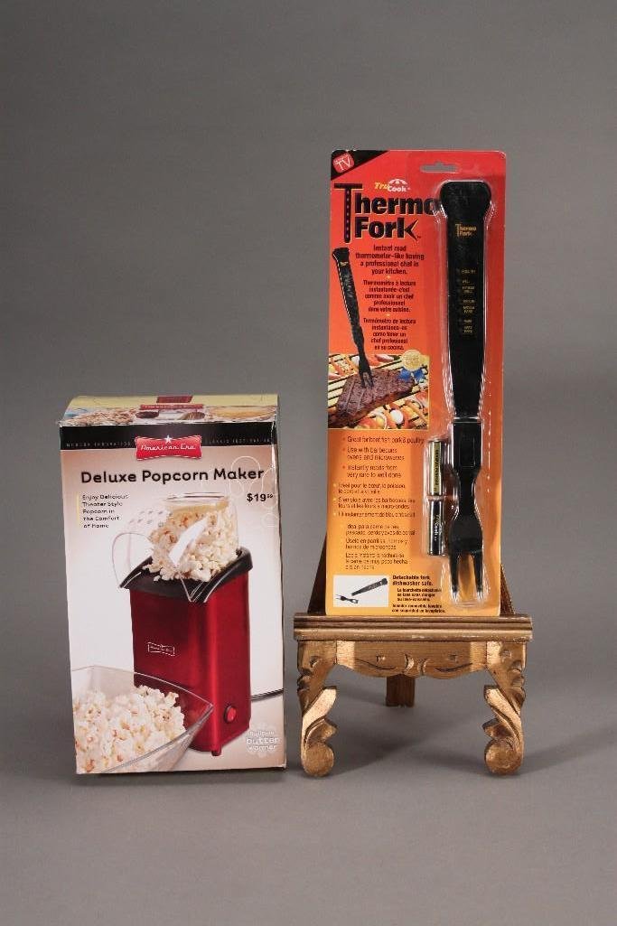 Kitchenware: Tru Cook thermo fork and American Era deluxe popcorn maker.